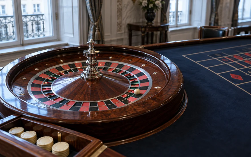 PlatinCasino Österreich: Roulettekessel und Jetons neben einem dunkelblauen Spielfeld.