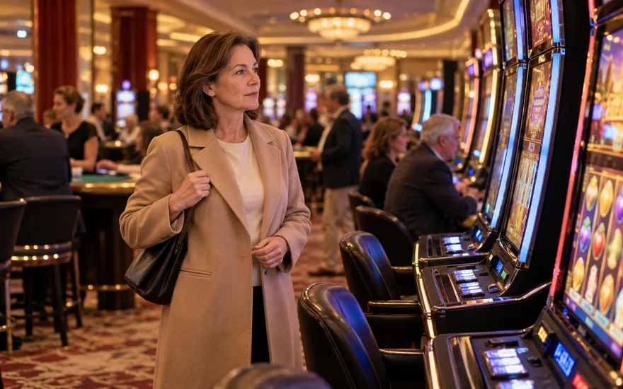 PlatinCasino Österreich: Erwachsene Besucherin betrachtet eine Automatenreihe in einer fiktiven Spielhalle.